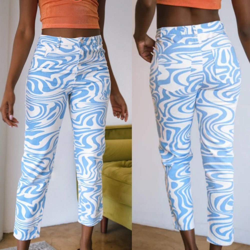 NEW Elodie Blue Wavy Naomi Pants Size Medium High Waist Marble Swirl Nordstrom M